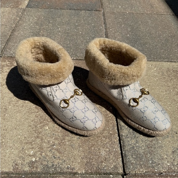 Gucci Shoes - Gucci - Canvas Wool Shearling Lined GG Monogram Fria Horsebit Ankle Boots